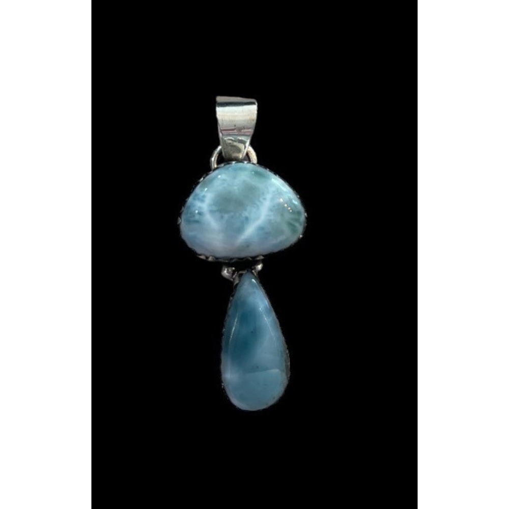 Sterling Silver 925 2 Blue Aqua Larimar Stones Mushroom Top Pendant Solid Back - Picture 2 of 8